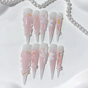 Unhas Postiças Extra Longas Stiletto Floral Rosa Suave