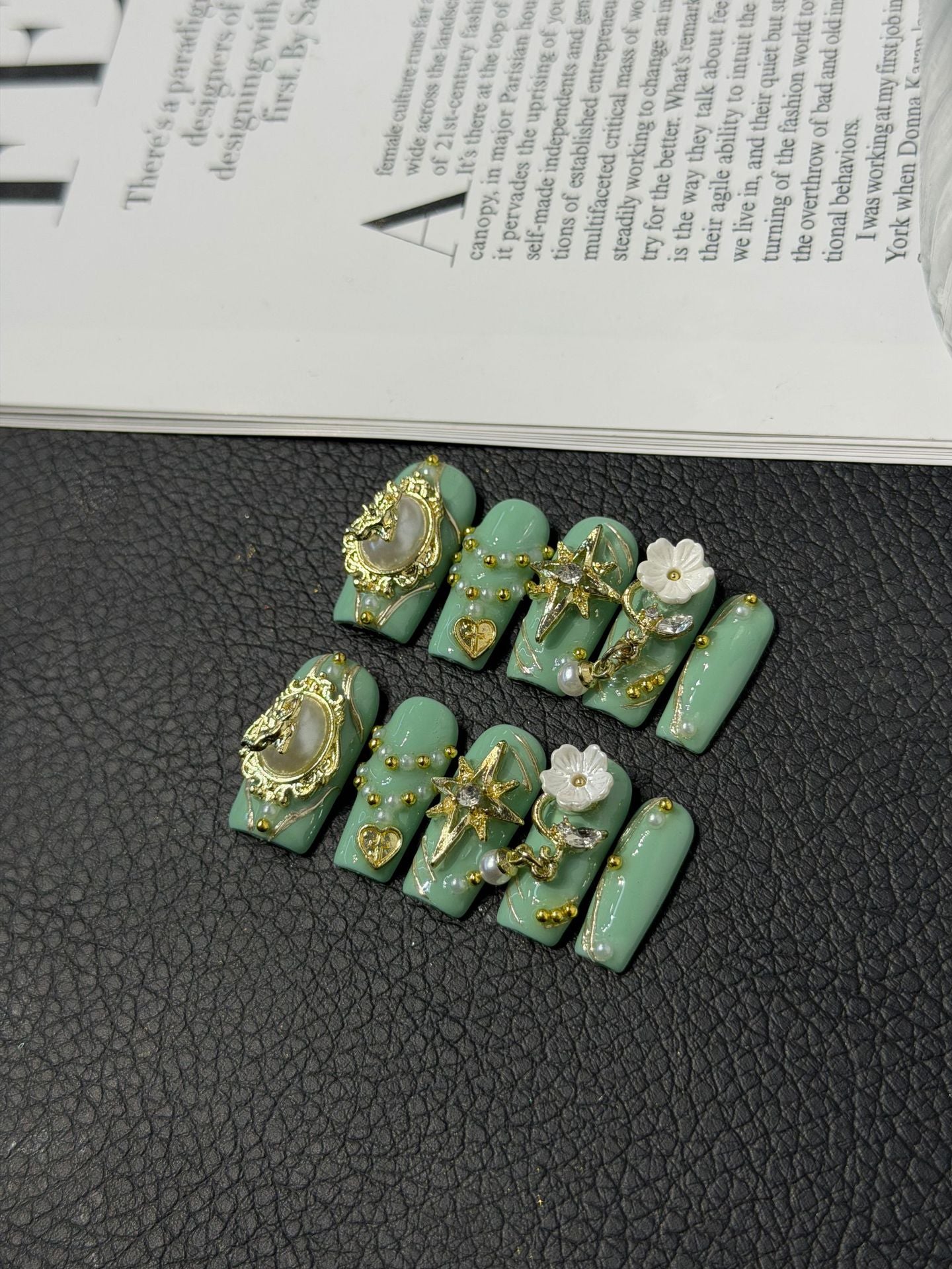 365nails: "Emerald Majesty" – 3D Floral & Gold Handmade Square Nails