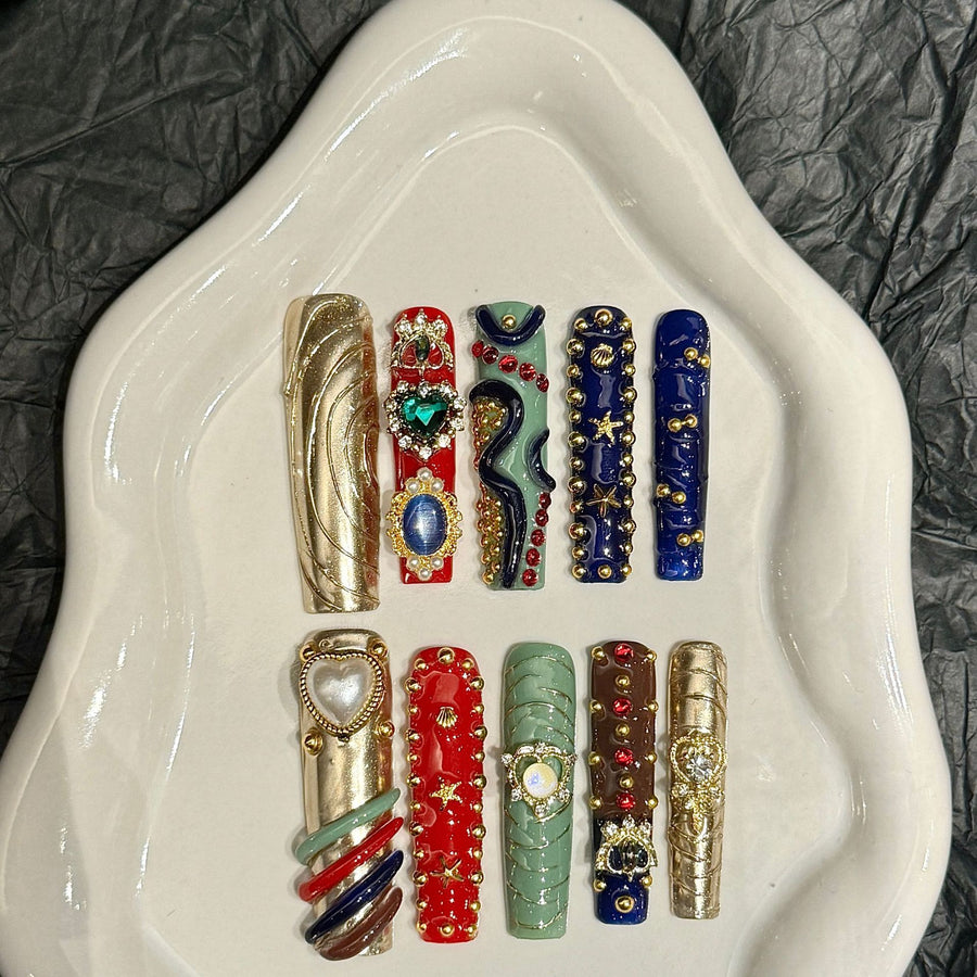 365nails: "Gilded Heritage" – 3D Luxury Charm Handmade Coffin Nails