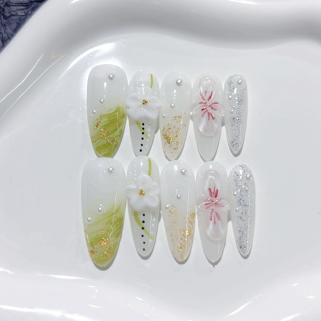 365nails-Serene Garden：「翡翠百合」— 長款杏仁形手工製甲片