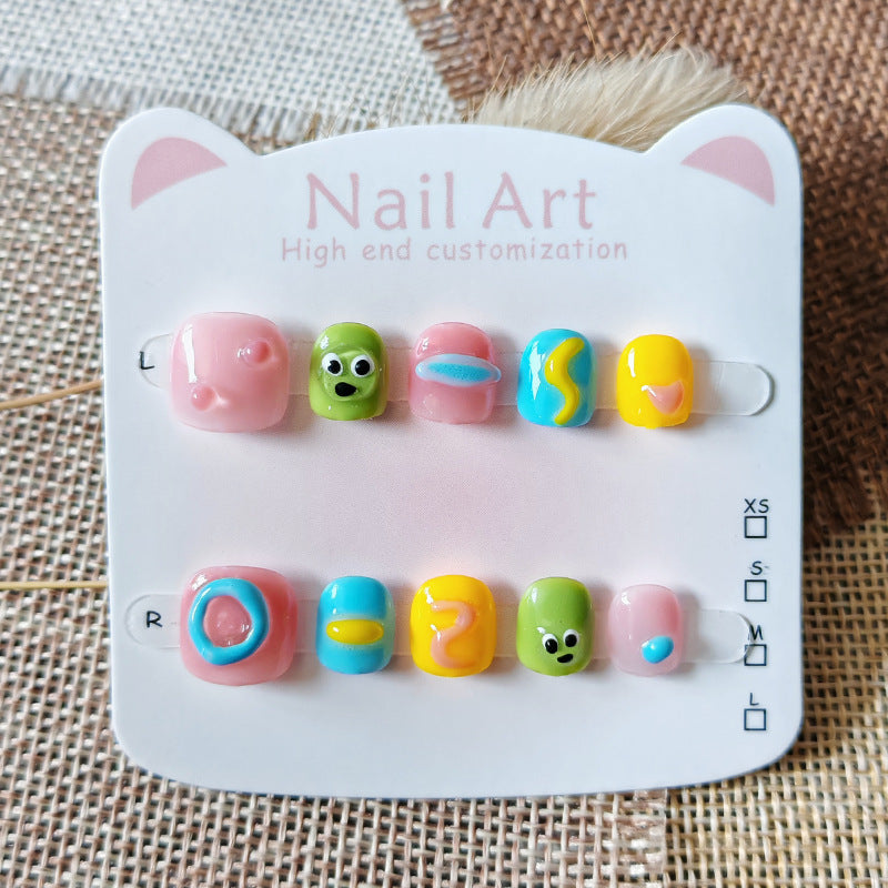 365Nails: "Candy Monster Playground" – Handmade Cute Short Oval Press On Nails With Colorful Monster & Candy Design