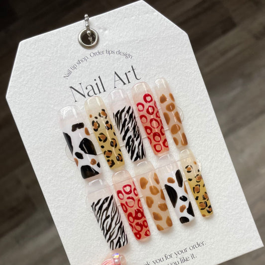 Extra long press-on nails leopard print manicure fake nails sticker finished product exaggerated  style wearing model | 365nails