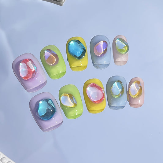 Purely handmade worn nail macaron aurora ice diamond summer fresh short nail wearable nail sticker nail patch｜365nails