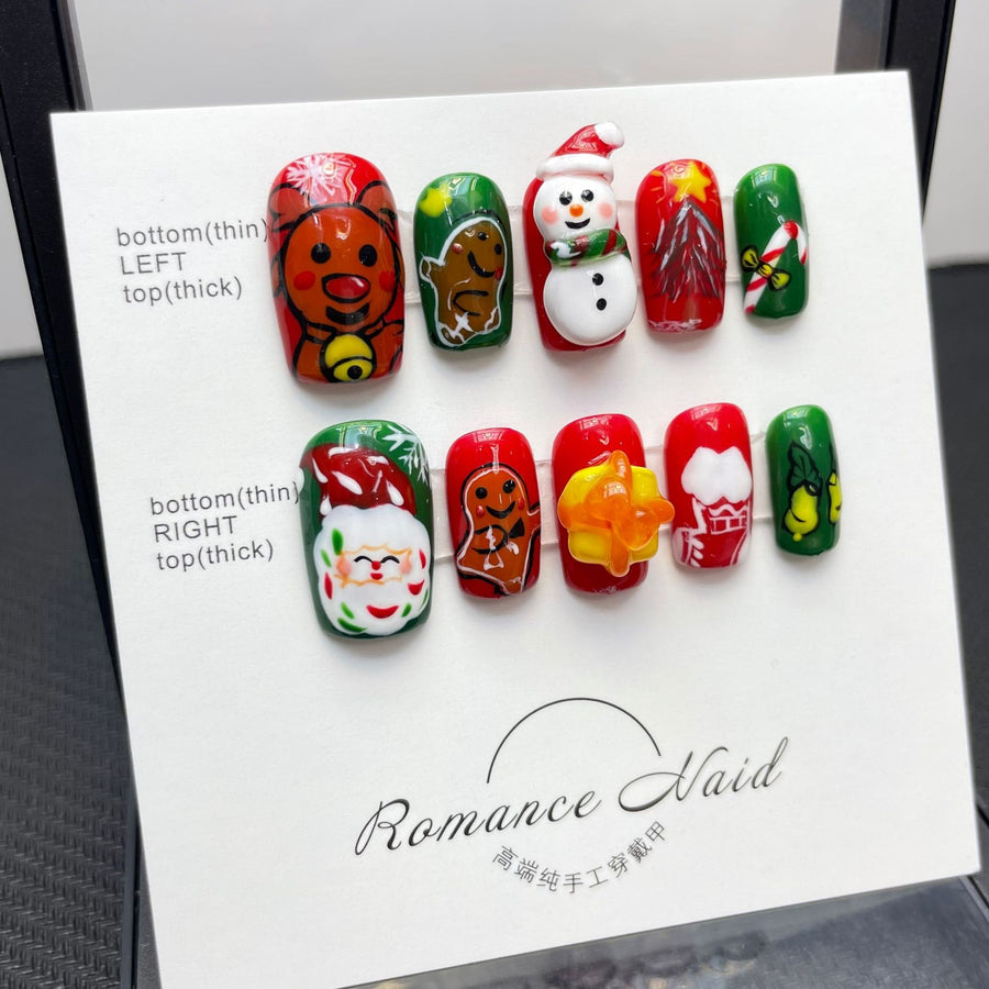 Festive Gingerbread & Snowman Christmas Press‑On Nails – Red and Green Short Design