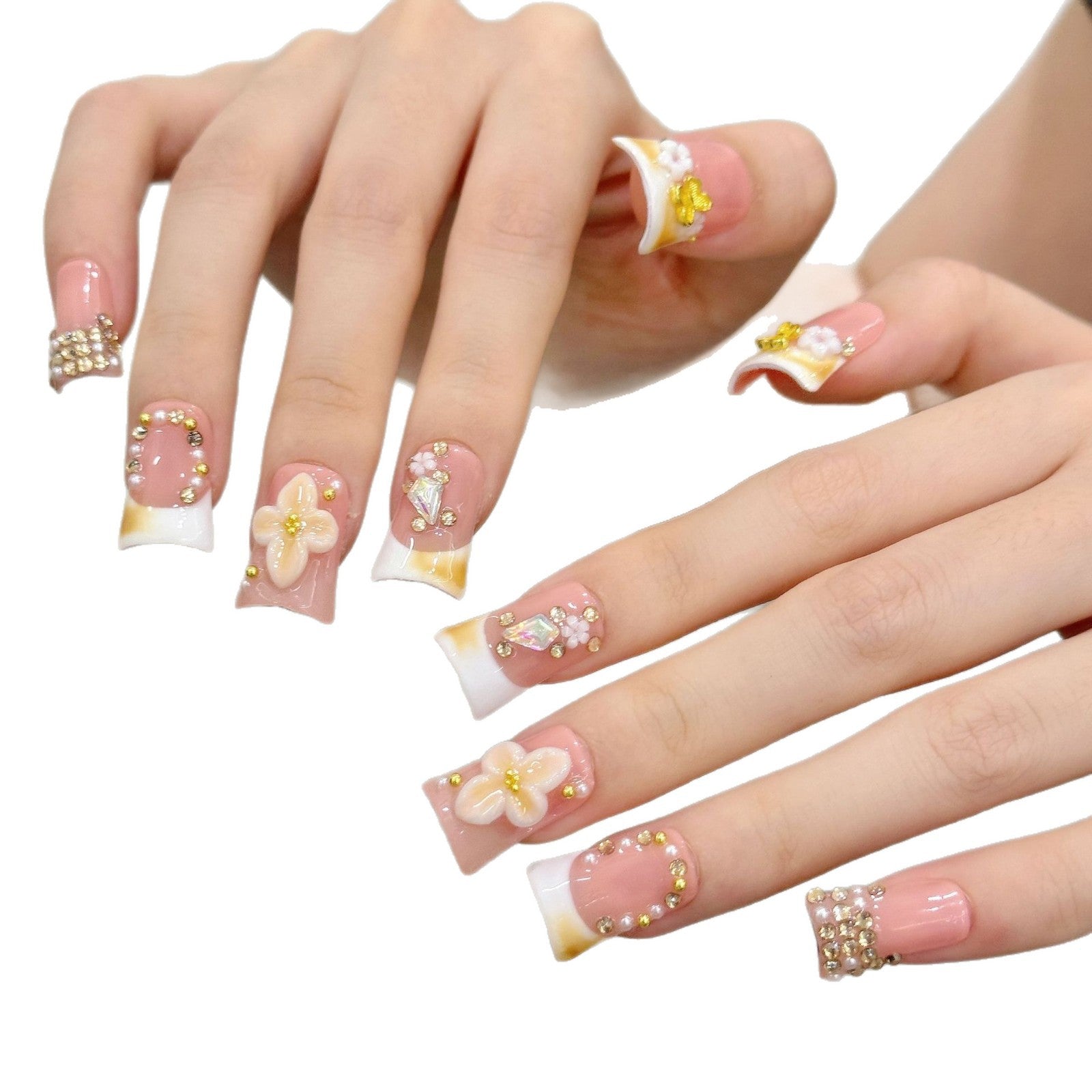 Floral Peach Crystal Press On Nails