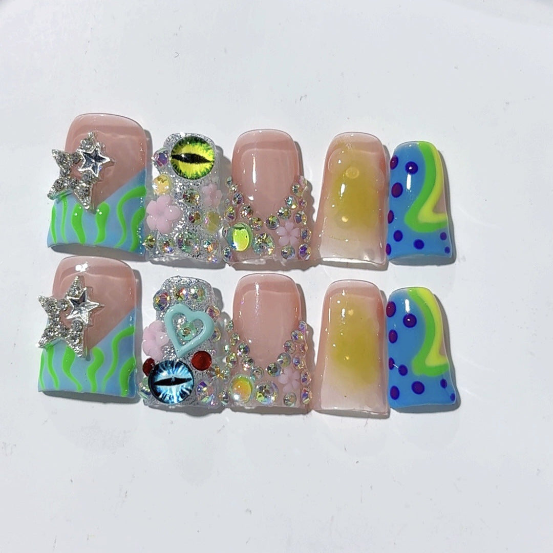 Y2K Ocean Dream: "Neon Tide" – Almond Press-On Nails
