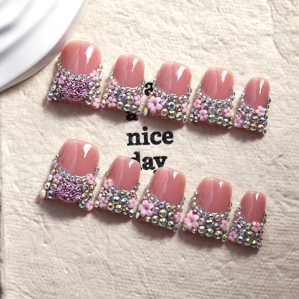 Soft Pink Crystal Floral Press On Nails