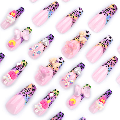 Manicure com estampa de leopardo francesa, laço tridimensional fofo e doce, vestindo armadura, lindo pedaço de unha de coelho, produto acabado no atacado ｜ 365nails