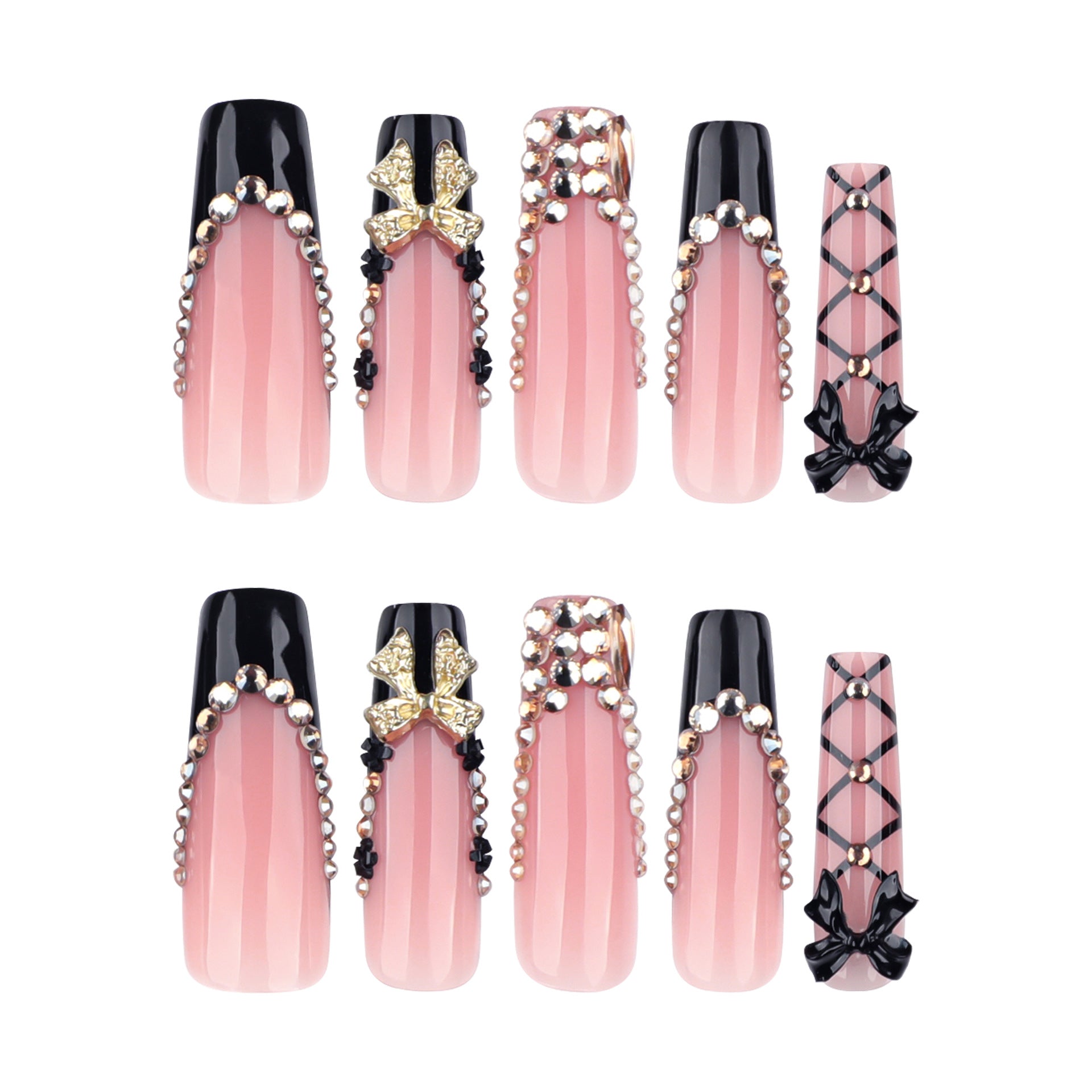 Long Stiletto Press On Nails with Pink Bows & Rhinestone Accents