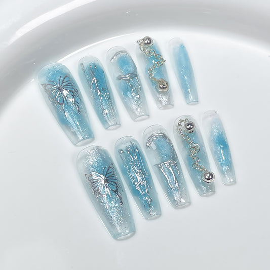 Ice through cat eye Handmade Press-on Nails Ocean blue butterfly irregular relief long  finished ｜365nails