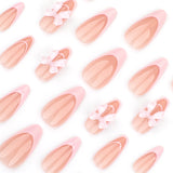 Almofadas de unhas postiças em formato de amêndoa rosa francesa doce, gelo puro através de laço tridimensional, arte de unhas, atacado de unhas postiças ｜ 365nails