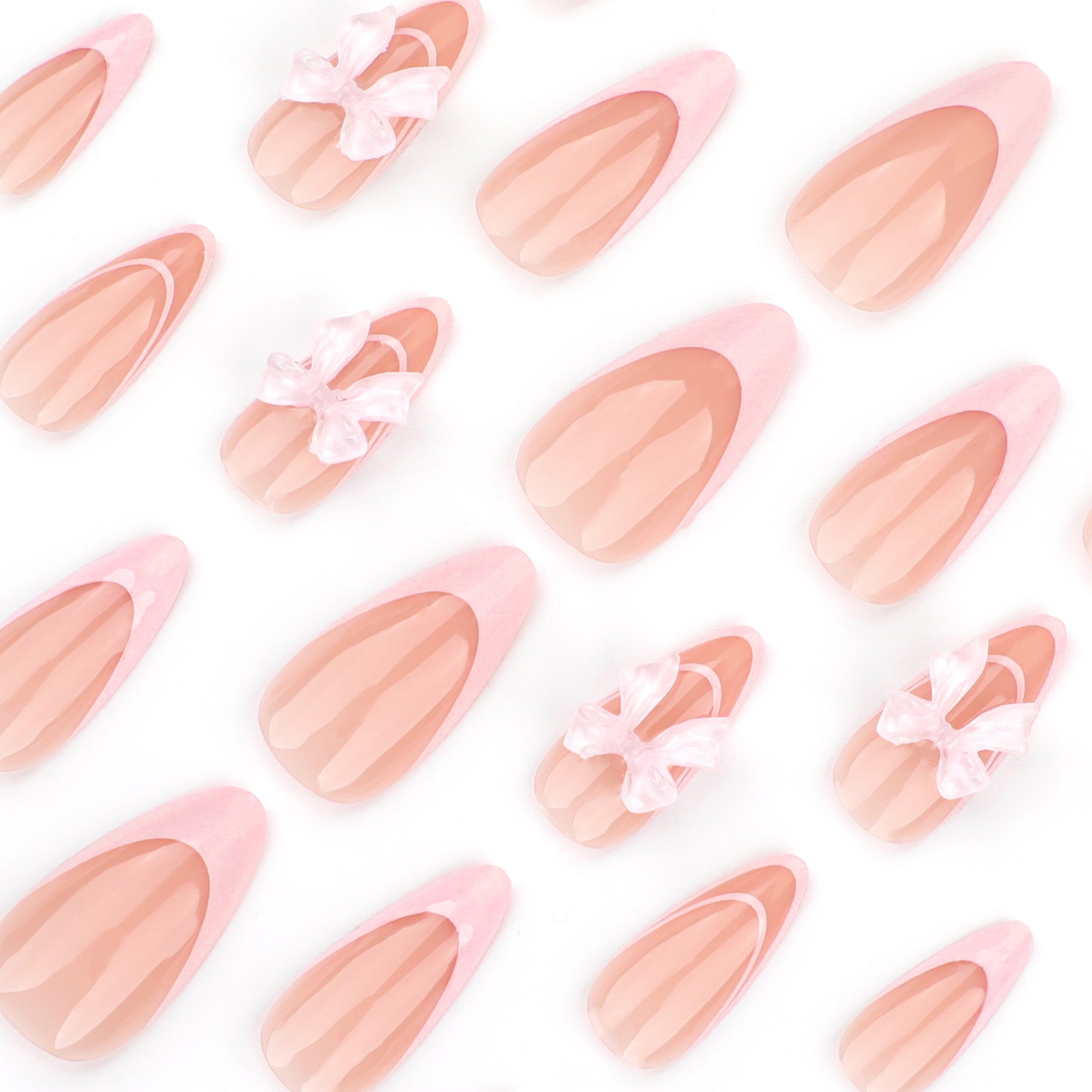 Almofadas de unhas postiças em formato de amêndoa rosa francesa doce, gelo puro através de laço tridimensional, arte de unhas, atacado de unhas postiças ｜ 365nails