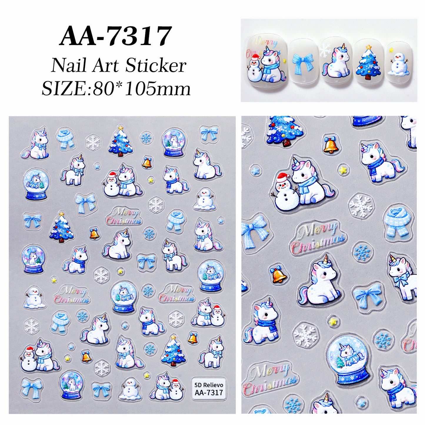 Original Snowflake Unicorn Nail Art Sticker 5D Embossed Three-dimensional Christmas Pony DIY Nail Sticker Ornament AA