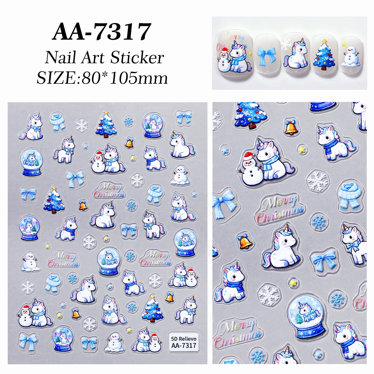 Original Snowflake Unicorn Nail Art Sticker 5D Embossed Three-dimensional Christmas Pony DIY Nail Sticker Ornament AA