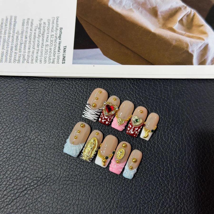 365nails: "Gilded Romance" – 3D Charms & Lace Handmade Medium Square Nails