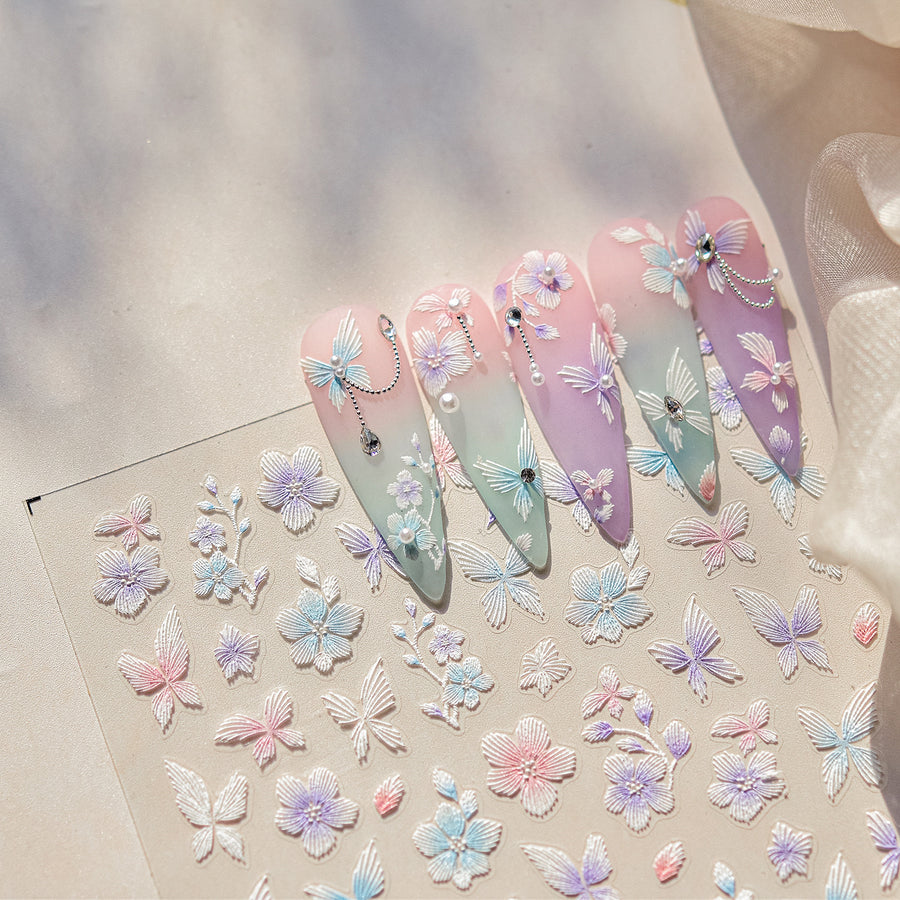 Pastel Butterfly & Flower: "Dreamy Flutter" – 5D Embossed Nail Sticker
