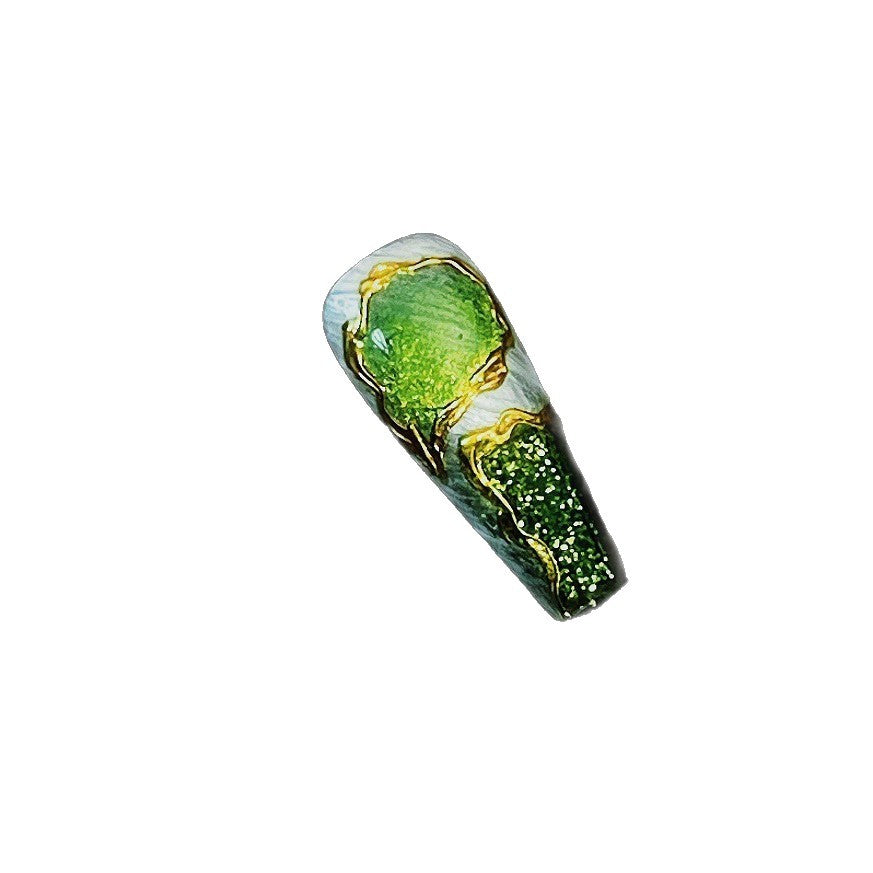 [Baguio] Glue golden magic mirror powder hook edge temperament green cat's eye ten fingers quicksand flow press on nail