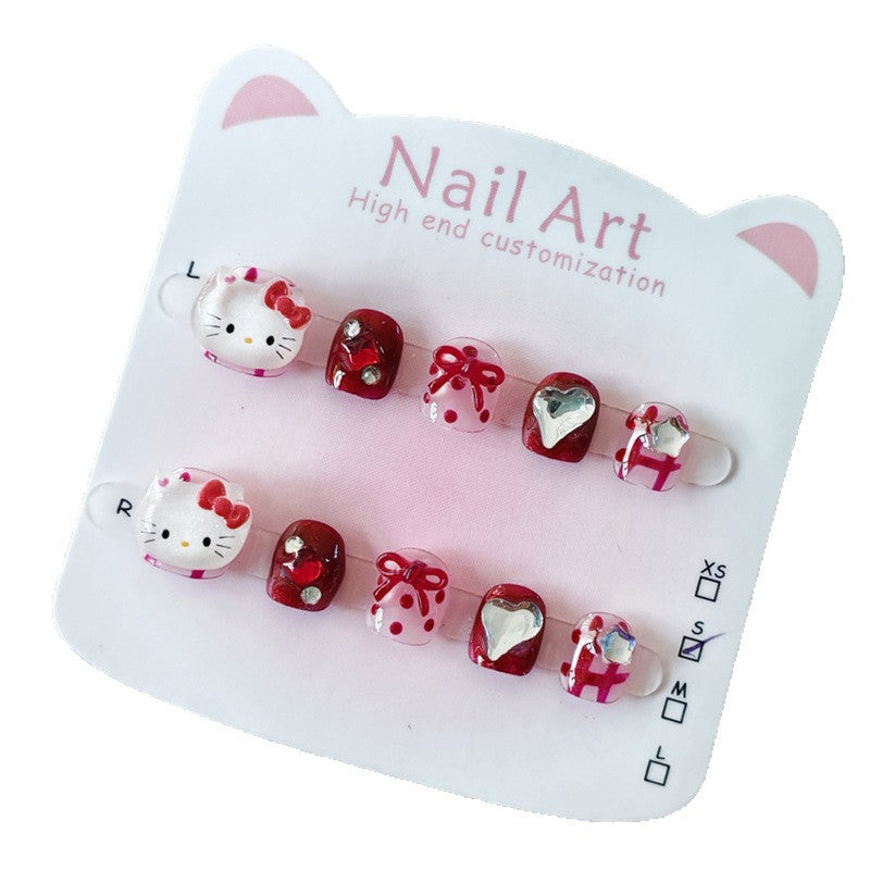 365nails: "retro cherry kitty" – short squoval handmade kids press-on nails