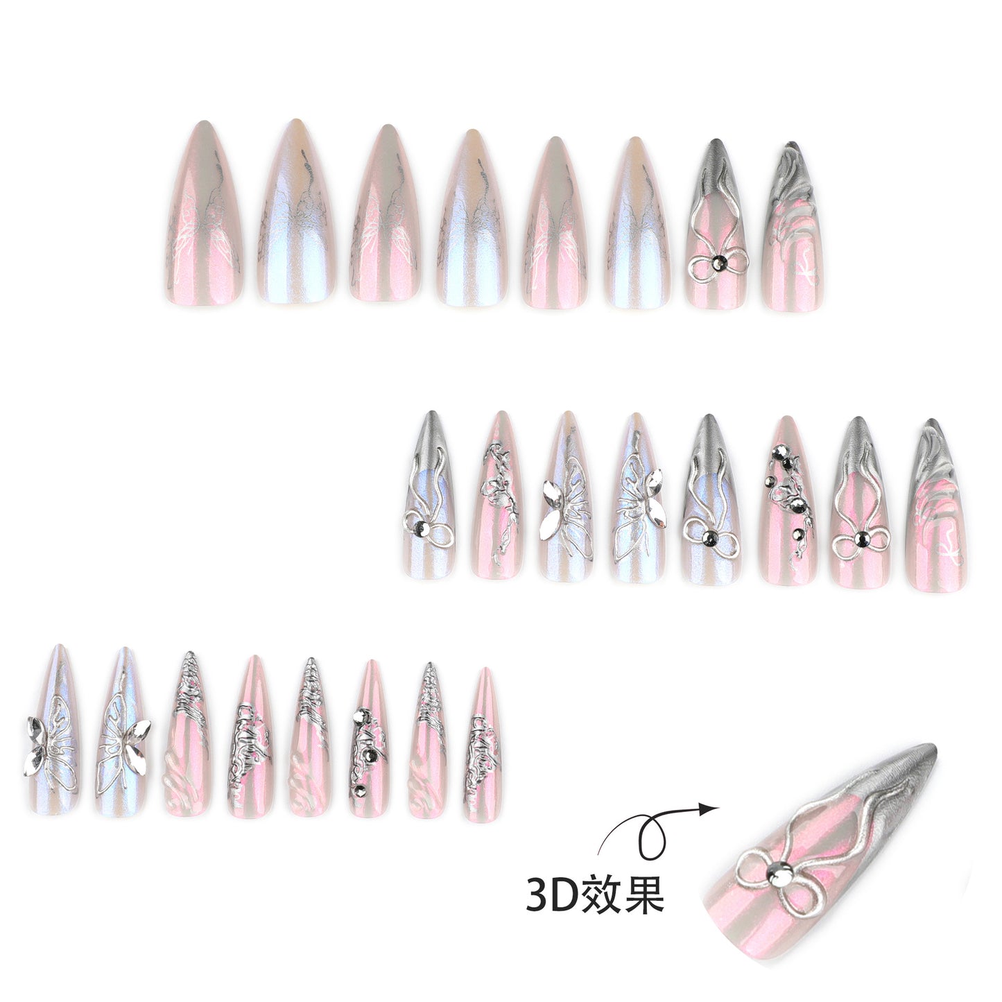 Silver Chrome 3D Butterfly Stiletto Fantasy Press On Nails