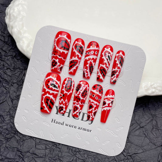 [Style] Purely handmade press-on nails red hand-painted record press-on nails art removable Halloween graffiti nail art | 365nails