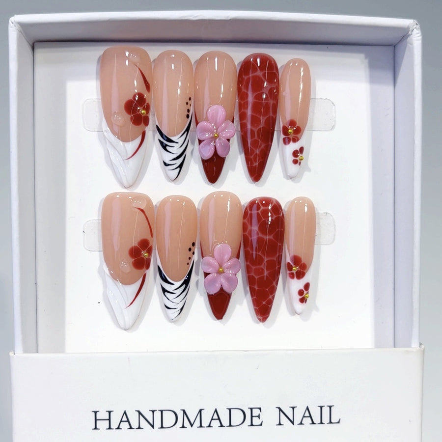Plum Blossom Elegance: "Red Floral" – Almond Press-On Nails