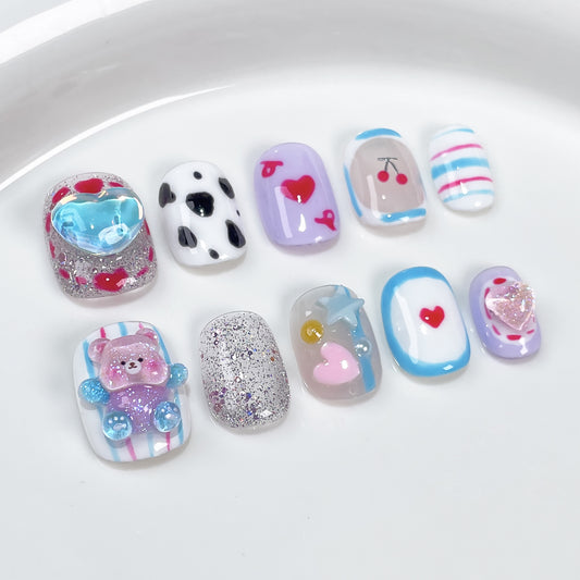 Handmade press on nails cartoon three-dimensional love bear nail patch cute and sweet hand-painted short wear fake nails｜365nails
