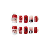 Santa & Reindeer Christmas Press‑On Nails – Classic Red Short Design