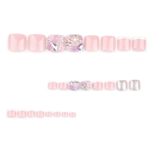 Uñas blancas francesas para los pies, diseño tridimensional con punta de flor, manicura para pies, uñas postizas cortas, uñas para los pies | 365nails