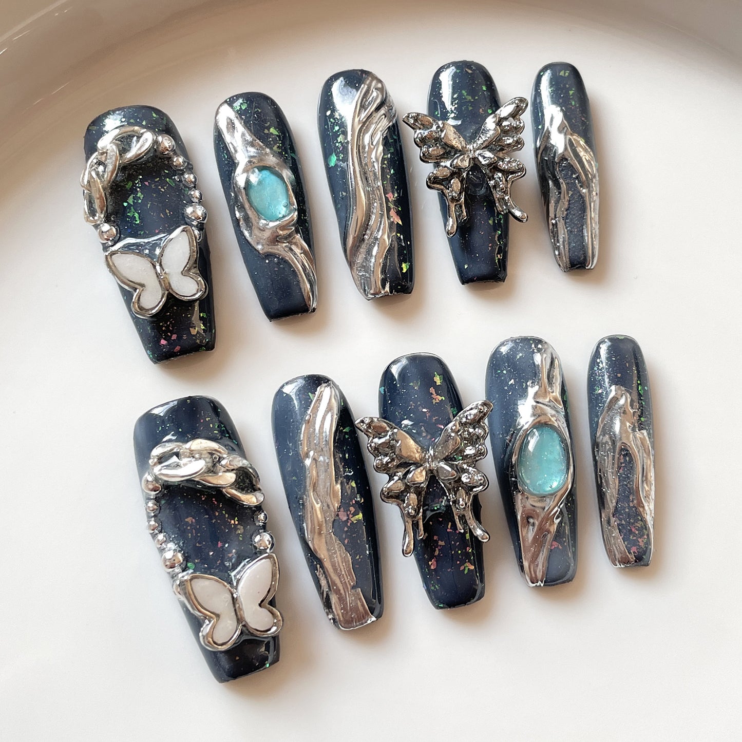 Zhuang Zhou Mengdie Liquid Metal Wind Handmade Press-on Nails Sweet Cool Spice Girl Long Nail Patch Wholesale｜365nails