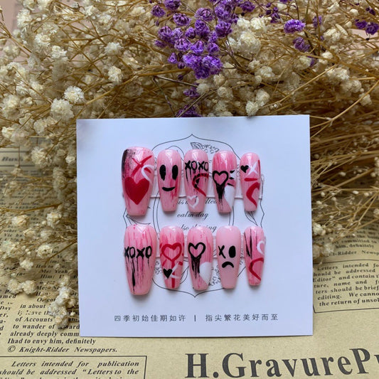 handmade nails dark pink gradient abstract smiley face Song Yuqi same hand-painted nail wear nails | 365nails