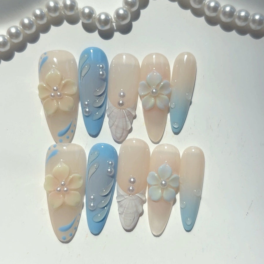 365nails-Ocean Bloom: "Blue Floral" – Almond Shape Handmade 3D Carved Press-On Nails