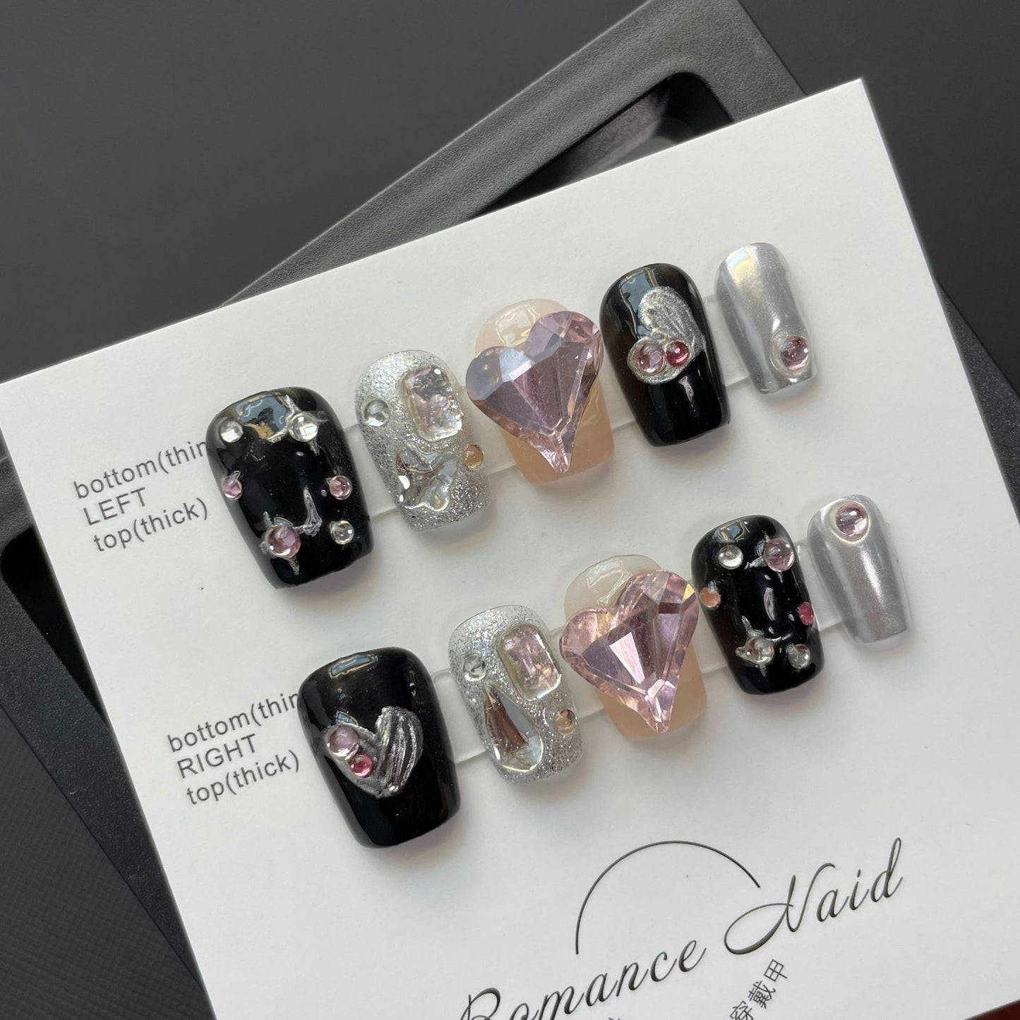 Luxury Butterfly Heart Snowflake Nails, Shiny Crystal Black Pink Design