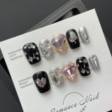 Luxury Butterfly Heart Snowflake Nails, Shiny Crystal Black Pink Design