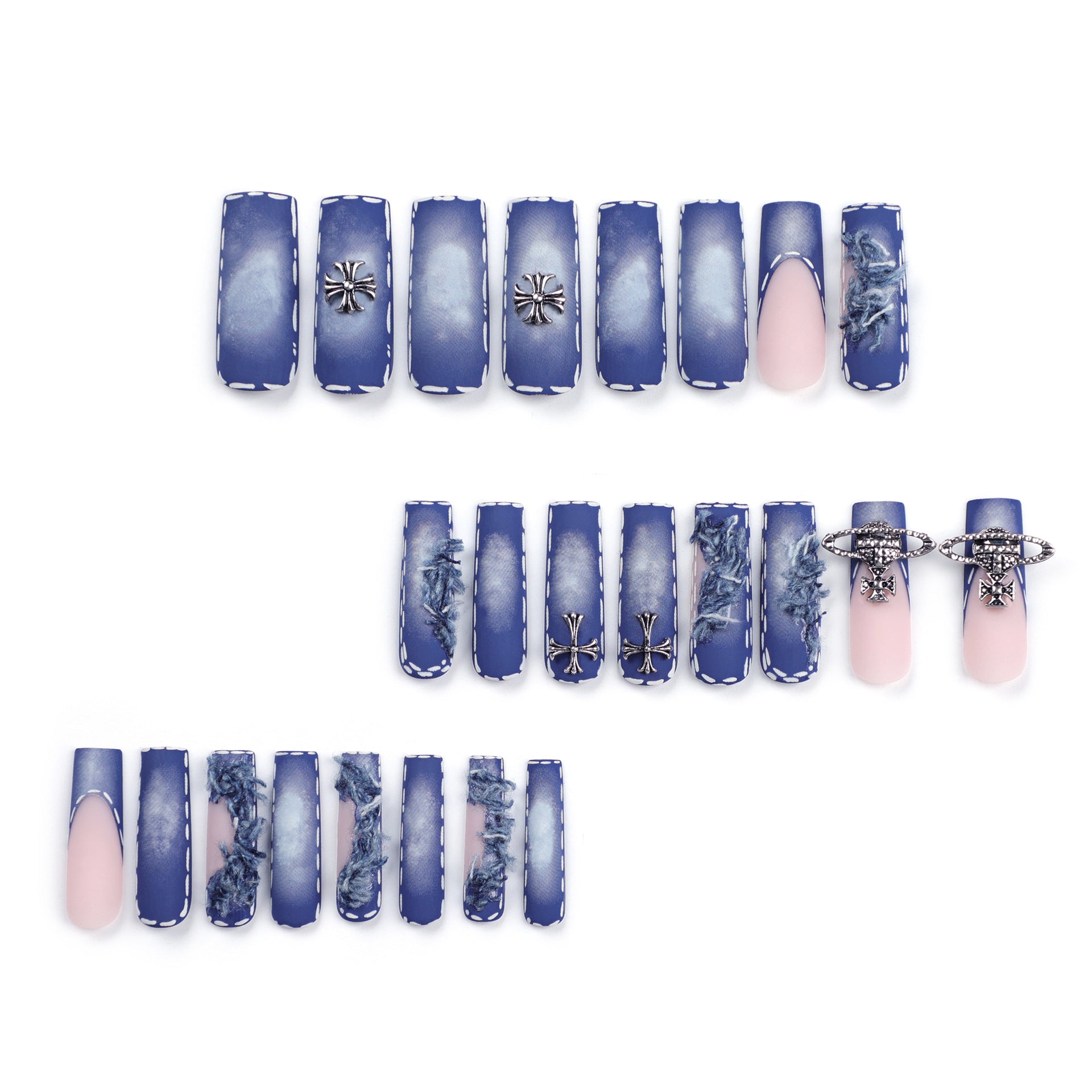 Ripped denim blue press-on nails cross fringed nail art French extra long removable nail piece finished product wholesale｜365nails