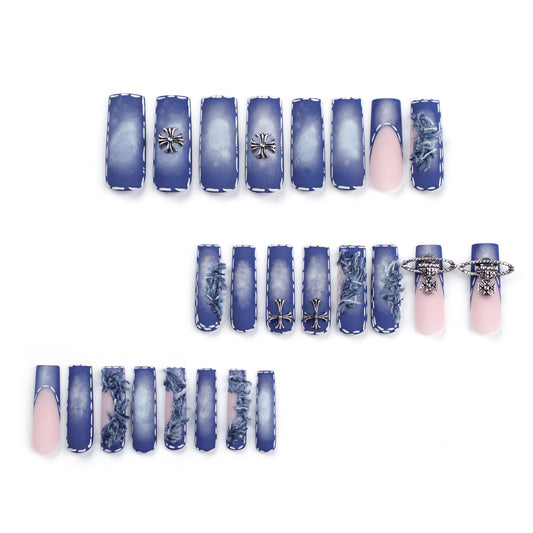 Ripped denim blue press-on nails cross fringed nail art French extra long removable nail piece finished product wholesale｜365nails