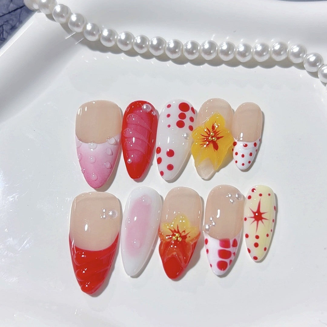365nails：草莓花漾 — 中長款杏仁形 紅黃水果花卉 手工製穿戴甲