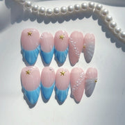 Mermaid Tide: "Onda de Coral" – Unhas Postiças de Amêndoa