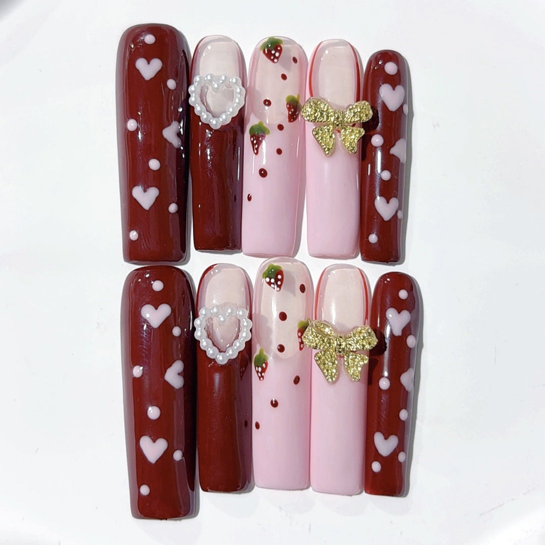 Berry Pink Heart Bow Cute Press On Nails