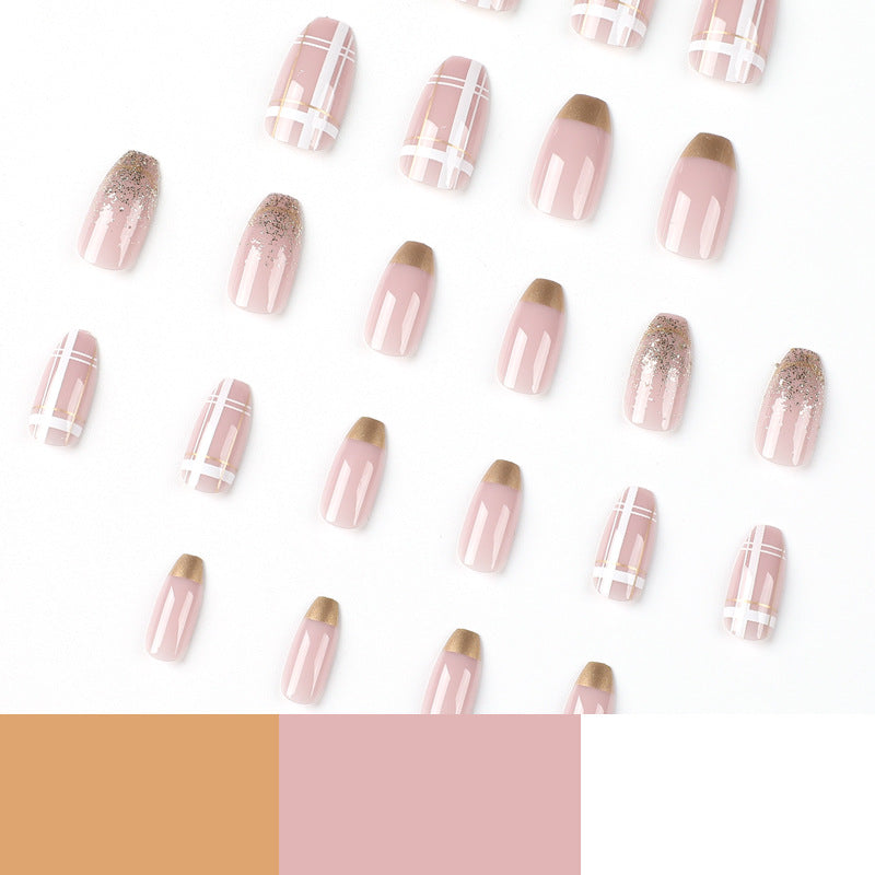 Phnom Penh 金箔格紋法式成品穿戴甲 批發｜365nails
