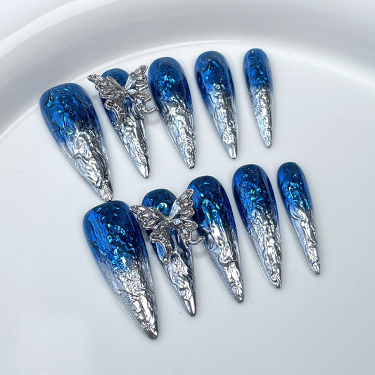 Unhas postiças artesanais de metal, de duas cores, com mudança gradual e irregular, formato líquido, médias e longas, para unhas artísticas｜365nails