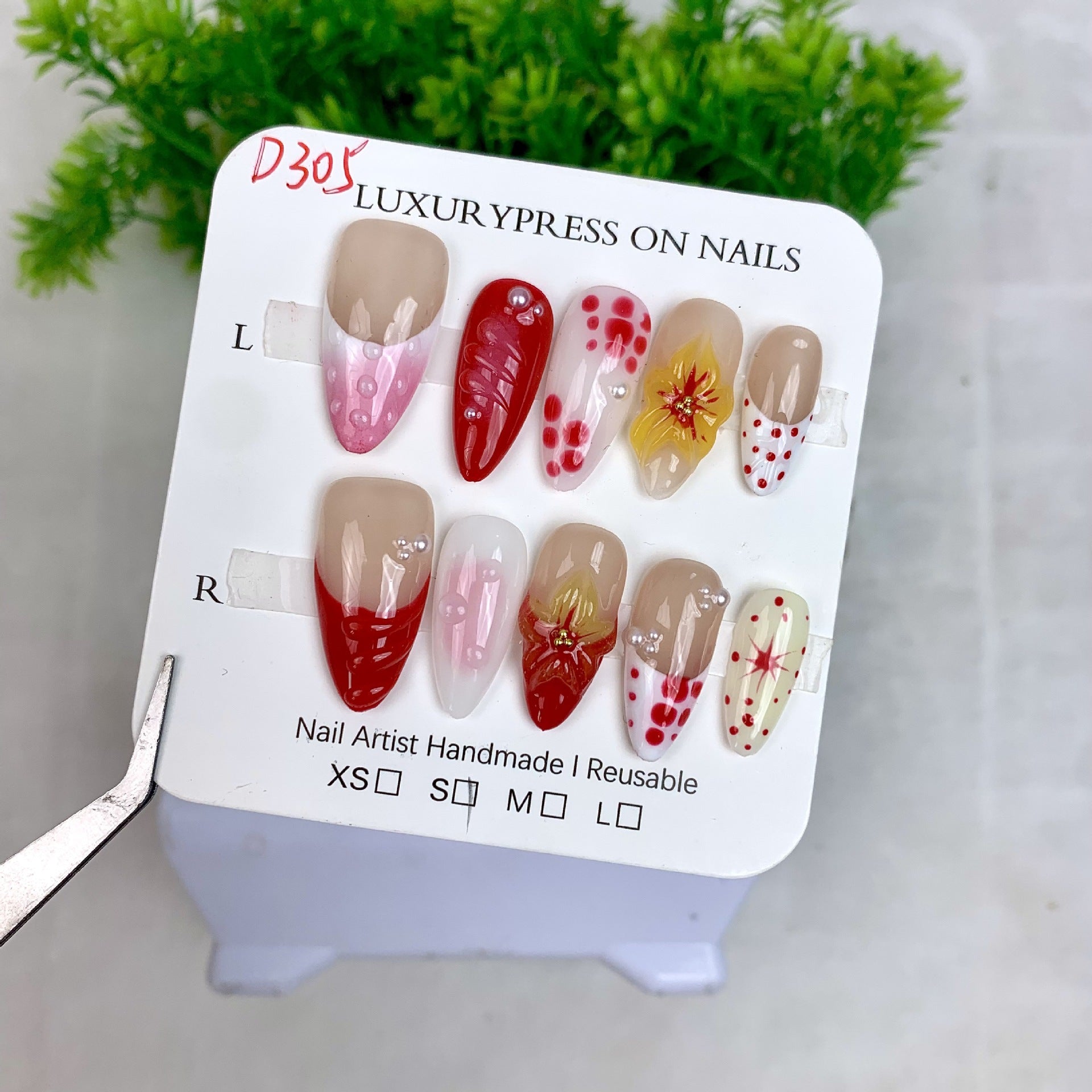 365nails：草莓花漾 — 中長款杏仁形 紅黃水果花卉 手工製穿戴甲