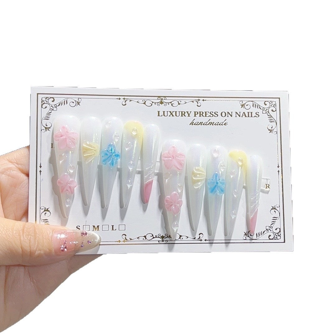 Iridescent 3D Floral Extra Long Press On Nails