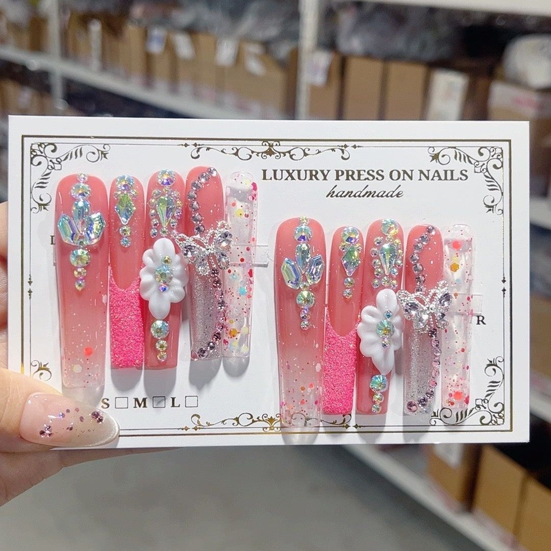 Rose Glitter Butterfly Crystal Press On Nail Set