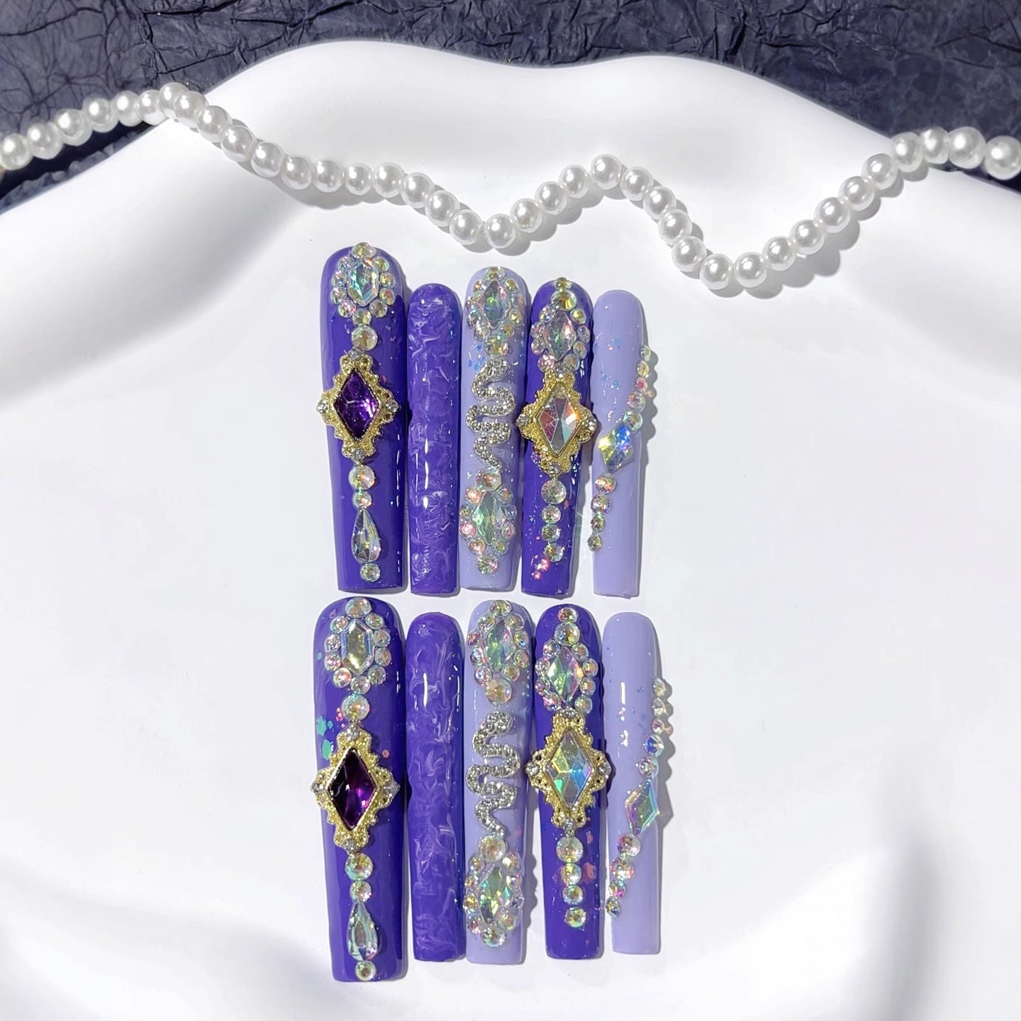 Purple Crystal Embellished Extra Long Press On Nails