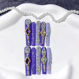 Purple Crystal Embellished Extra Long Press On Nails