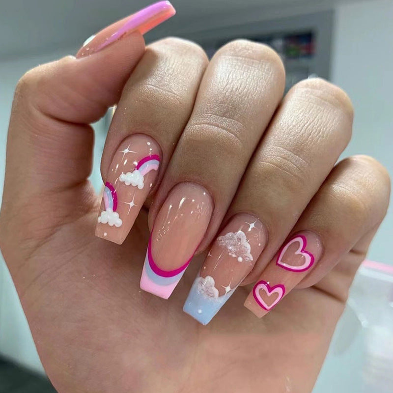 Nuage arc-en-ciel multicolore bord français amour - Ongles press-on en gros amovibles | 365nails