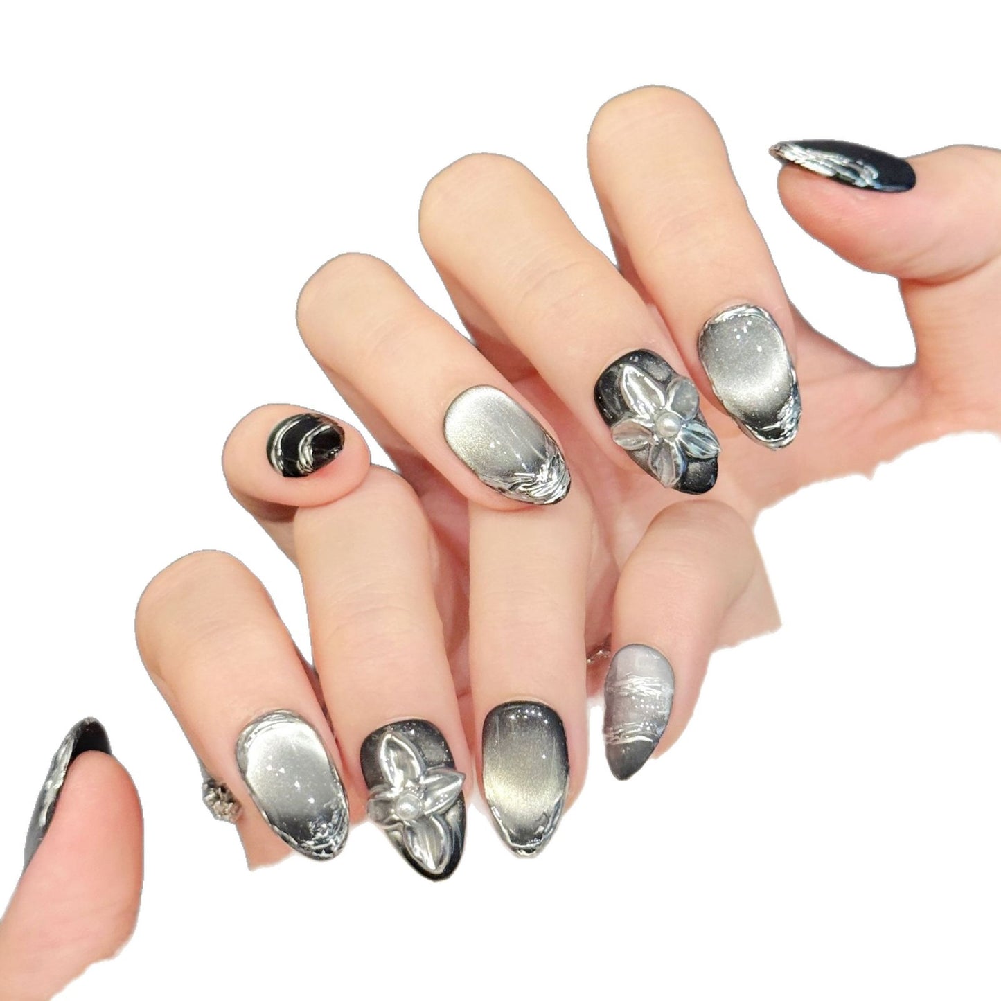 Silver Midnight Floral Press On Nails