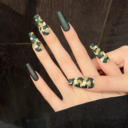 Nail Art, Army Green Camouflage press-on nails Spring Summer Nail Beauty Hand Painted fake nails Finished Nail | 365nails