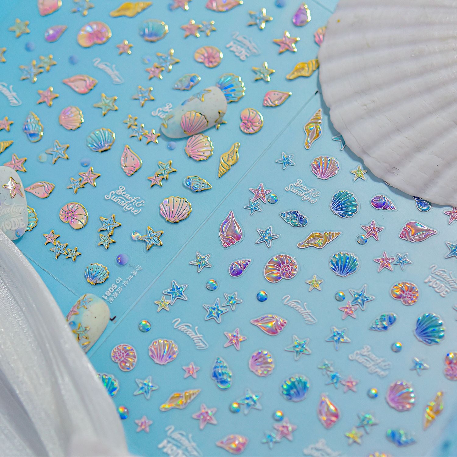Ocean Shell Collection: "Iridescent Seashell" – 3D Holographic Nail Sticker