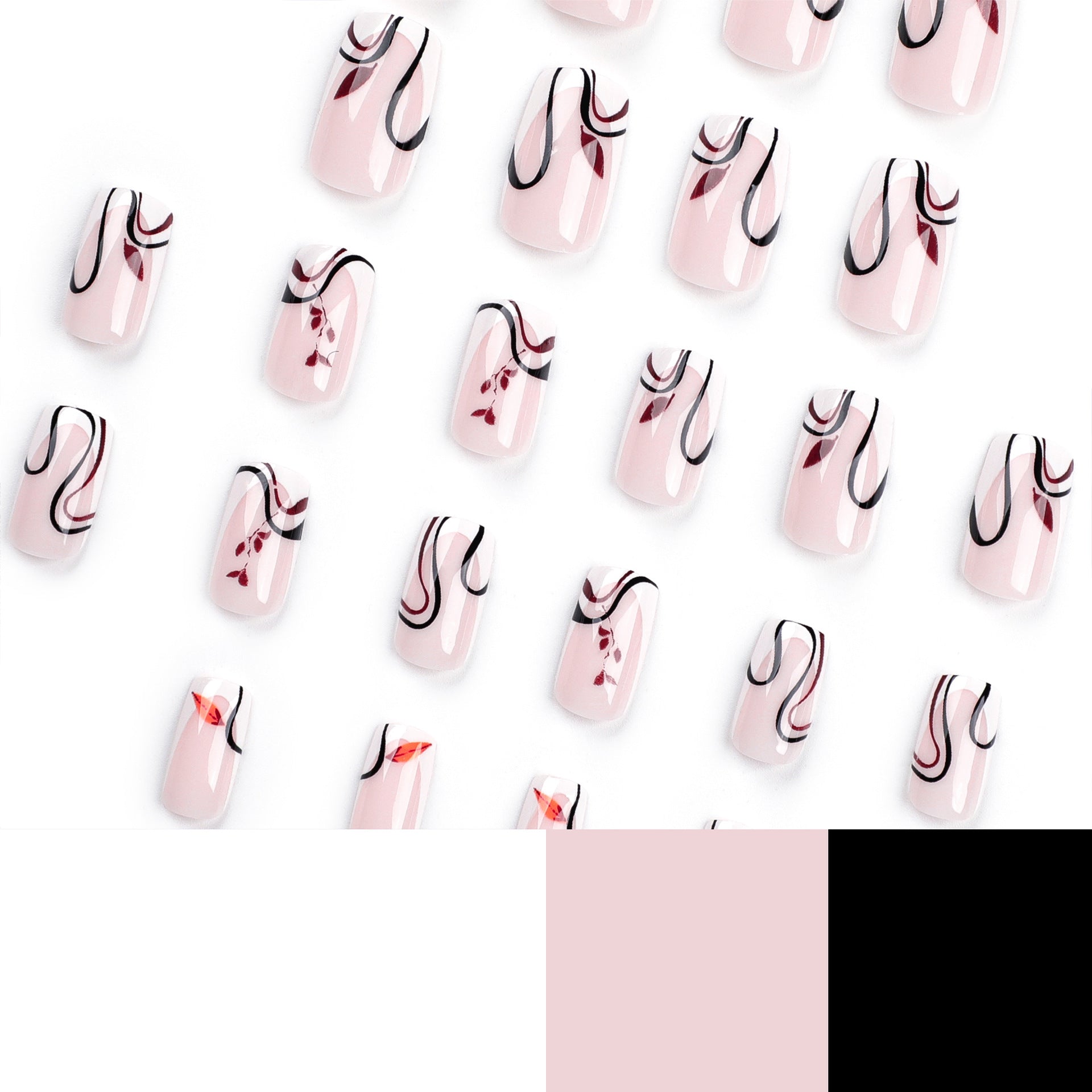 法式白邊 秋冬落葉圖案 黑色弧線 方形穿戴甲片 批發｜365nails